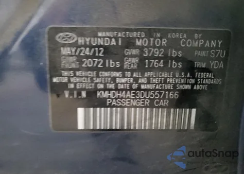 2013 Hyundai Elantra Gls z USA, uszkodzony, nr VIN KMHDH4AE3DU557166